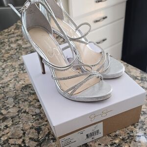 Jessica Simpson Silver Rhinestone Strappy Stiletto Heels